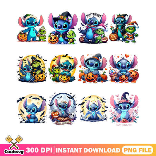 Grinch and stitch png bundle, full moon night png, witches hat png