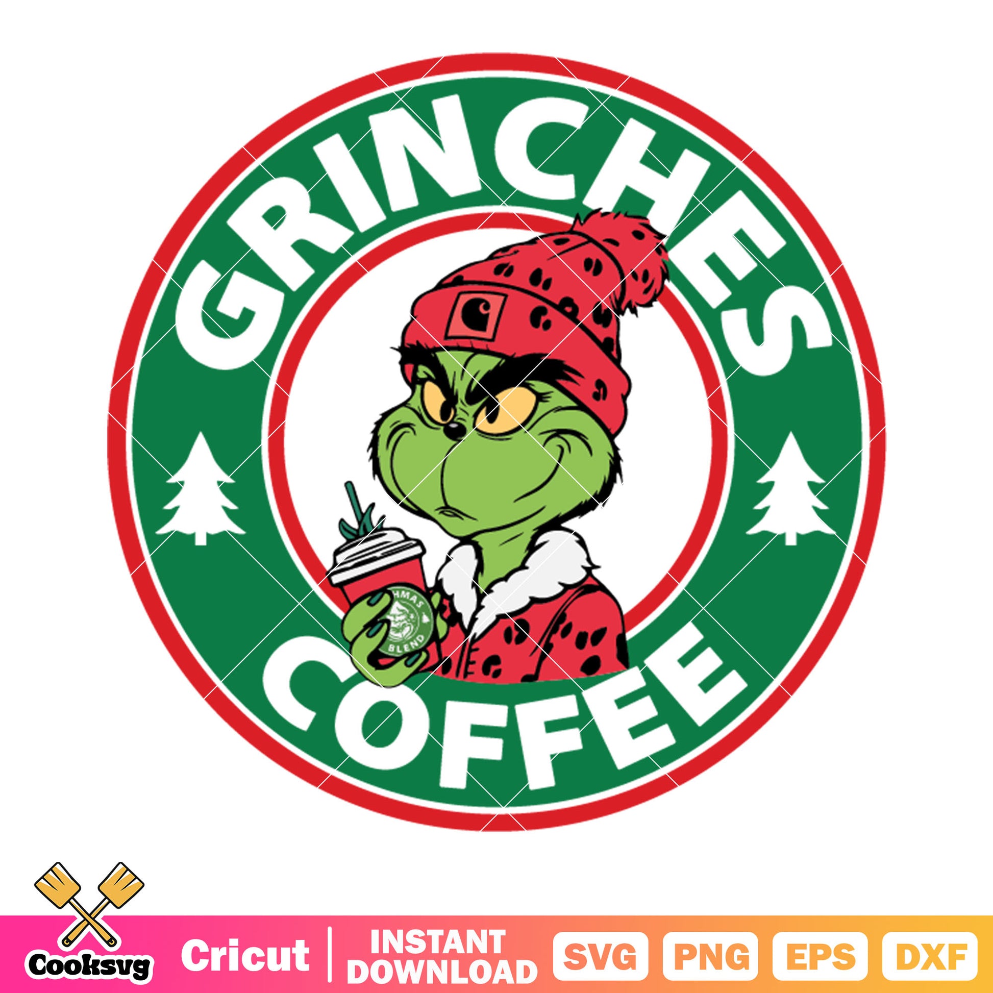 Grinch coffee pine tree svg, red beanie svg, red fur jacket​ svg