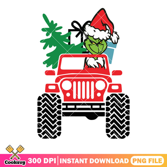 Grinch on the zeep png, christmas tree png, christmas decor png