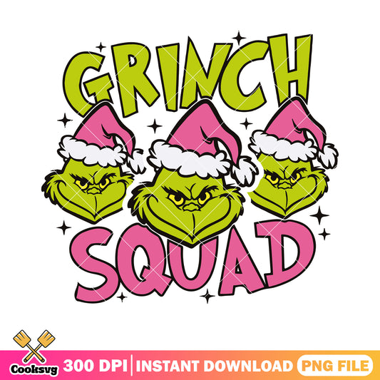 Grinch squad funny png, pink santa hat png, three grinch santa png