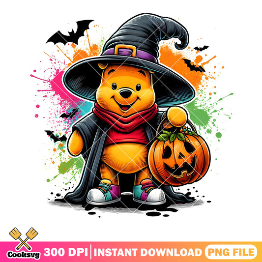 Halloween Pooh Bear png, cute witch hat png, pumpkin basket png