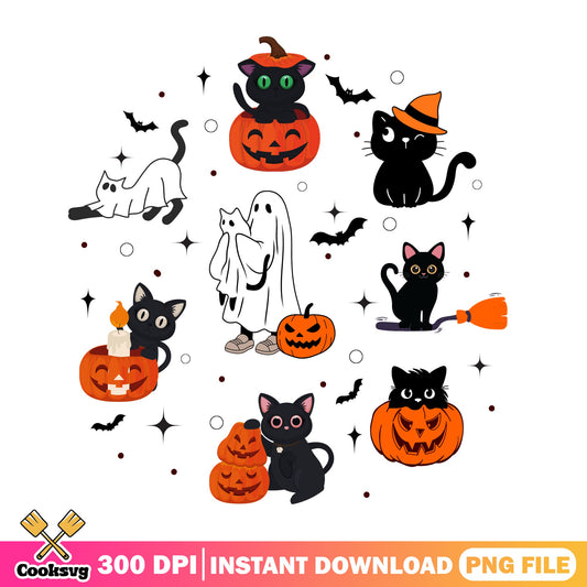 Halloween Black Cat Bundle PNG, Cute Cat Pumpkin PNG, Spooky Cat PNG