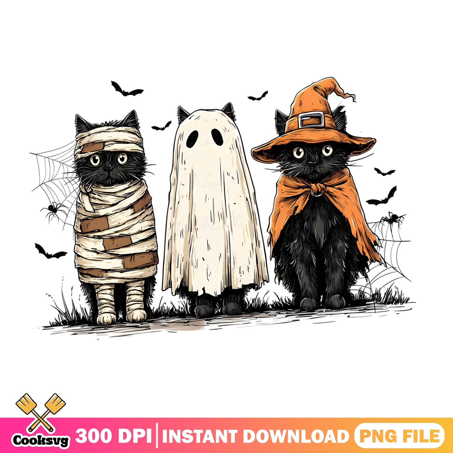 Halloween Black Cat PNG, Spooky Cat Ghost Witch Mummy, Halloween PNG