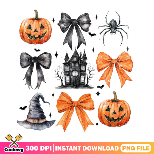 Halloween Coquette Bow Pumpkin Bundle, Haunted House PNG, Halloween PNG