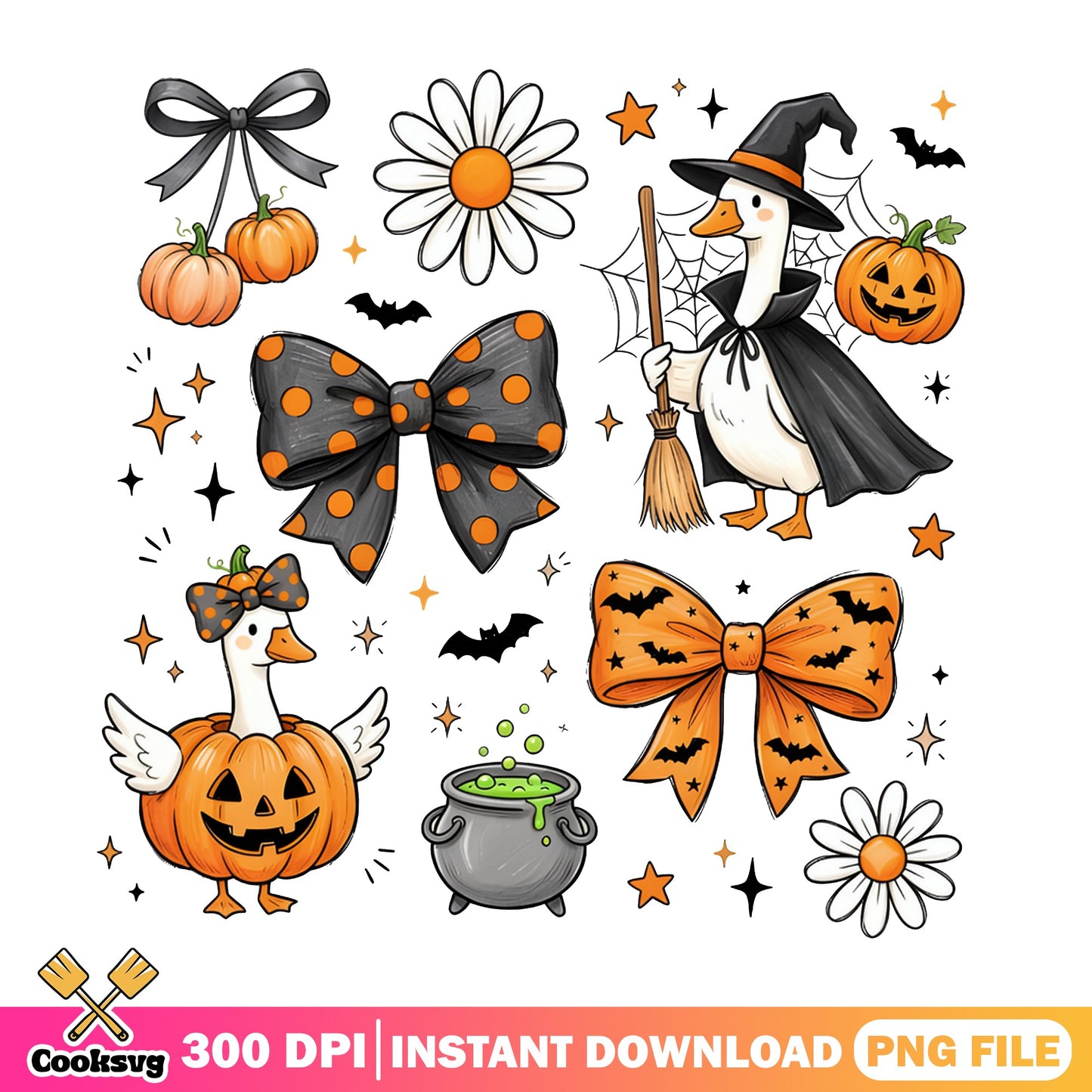 Halloween Duck Witch PNG Bundle, Coquette Bow Pumpkin PNG, Spooky PNG