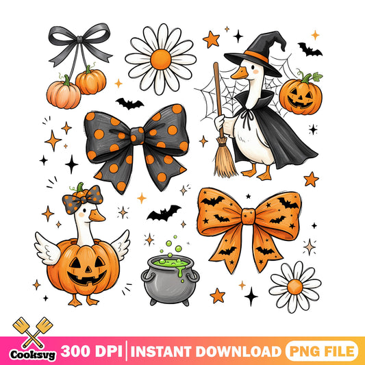 Halloween Duck Witch PNG Bundle, Coquette Bow Pumpkin PNG, Spooky PNG