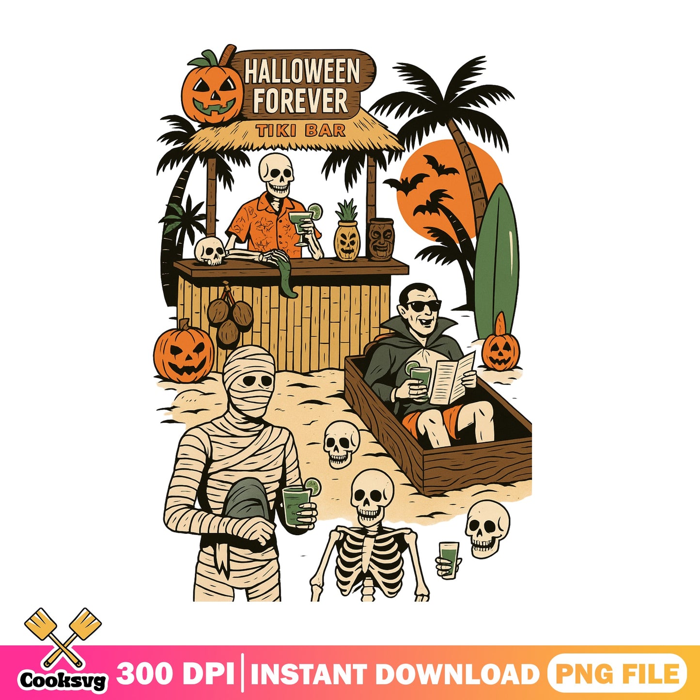 Halloween Forever Tiki Bar PNG, Skeleton Halloween PNG, Spooky Beach PNG