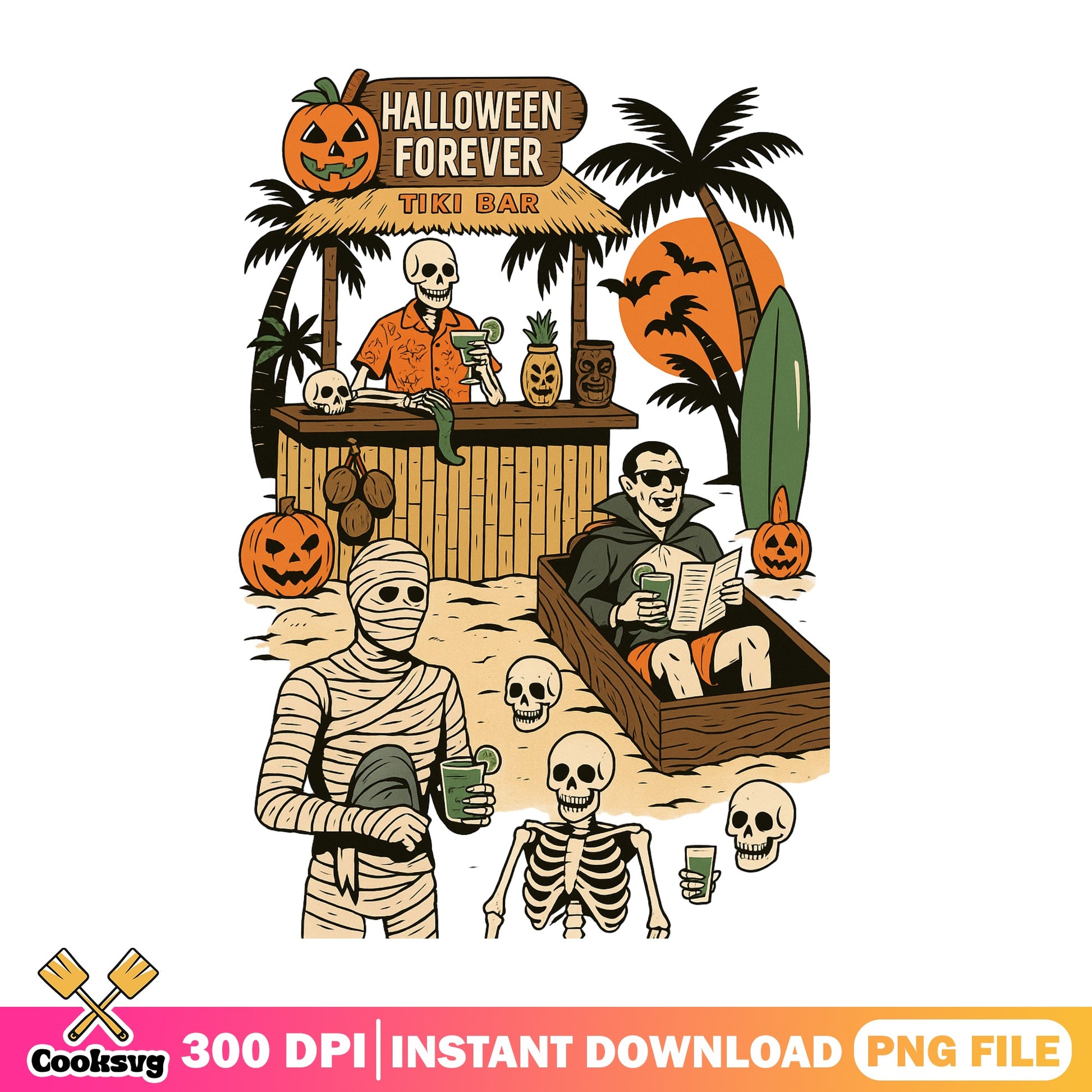Halloween Forever Tiki Bar PNG, Skeleton Halloween PNG, Spooky Beach PNG