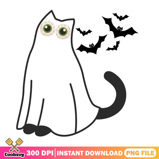 Halloween Ghost Cat With Bats PNG, Spooky Cat PNG, Halloween PNG