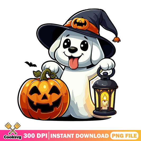 Halloween Ghost Dog With Pumpkin Lantern PNG, Cute Dog PNG, Halloween PNG