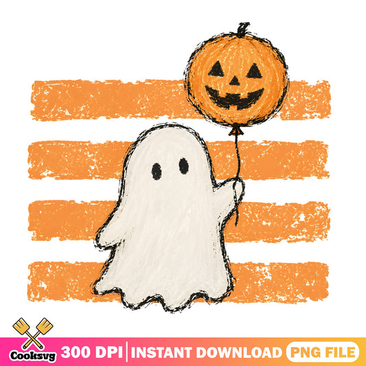 Halloween Ghost Holding Pumpkin Balloon PNG, Cute Ghost PNG, Halloween PNG