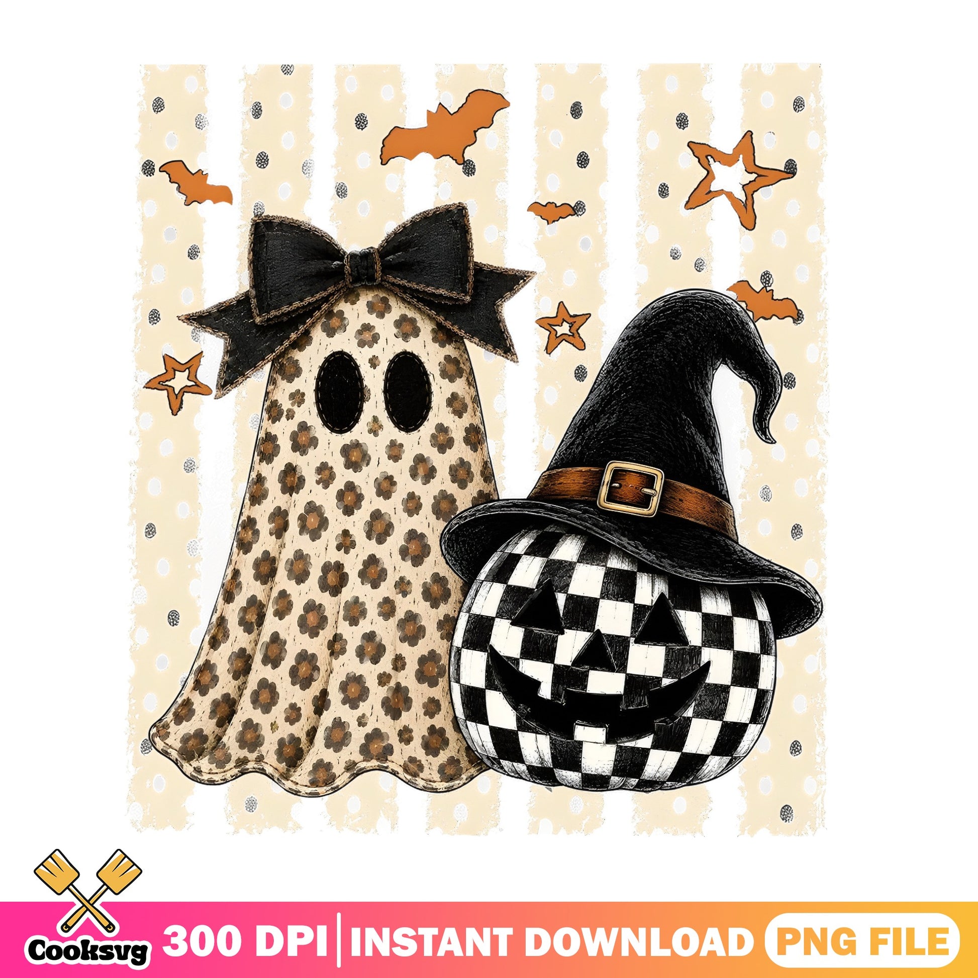 Halloween Ghost Pumpkin PNG, Floral Ghost Bow Tie PNG, Witch Hat PNG