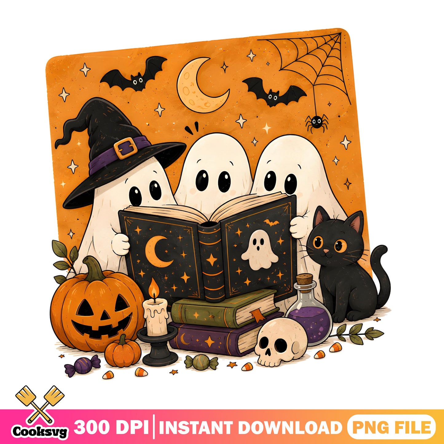 Halloween Ghost Reading Book PNG, Cute Ghost Witch PNG, Halloween PNG