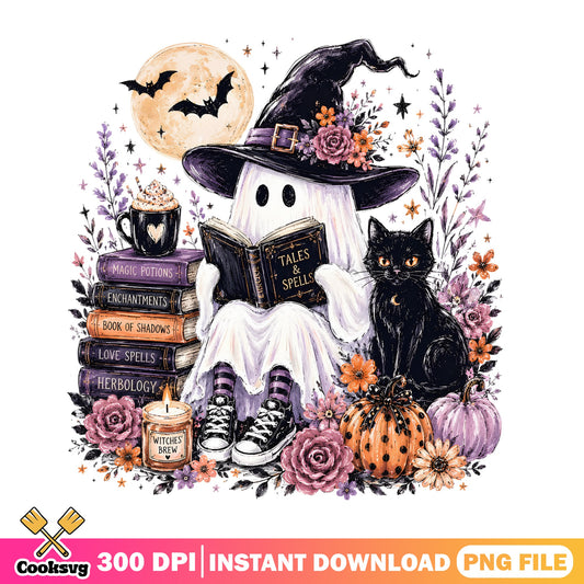 Halloween Ghost Witch Reading Book PNG, Floral Ghost PNG, Halloween PNG