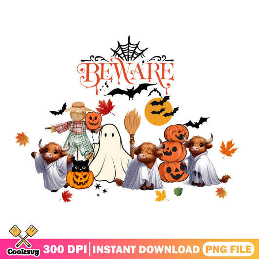 Halloween Highland Cow Beware PNG, Ghost Cow Halloween PNG, Spooky Cow PNG