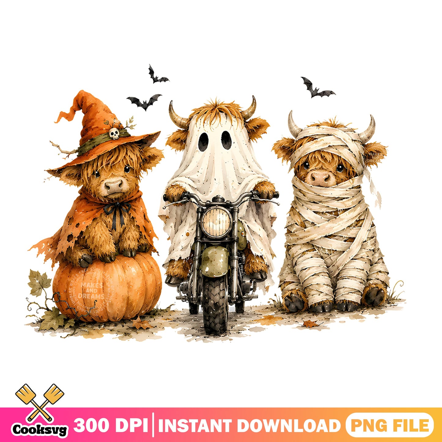 Halloween Highland Cow PNG, Spooky Cow Clipart, Witch Ghost PNG