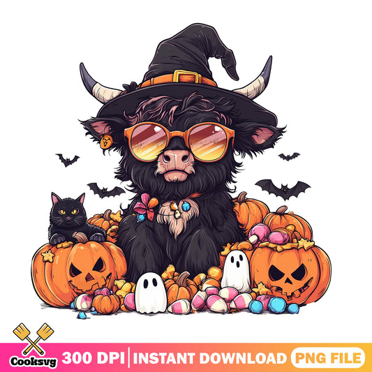 Halloween Highland Cow PNG, Witch Hat Cow PNG, Spooky Fall PNG