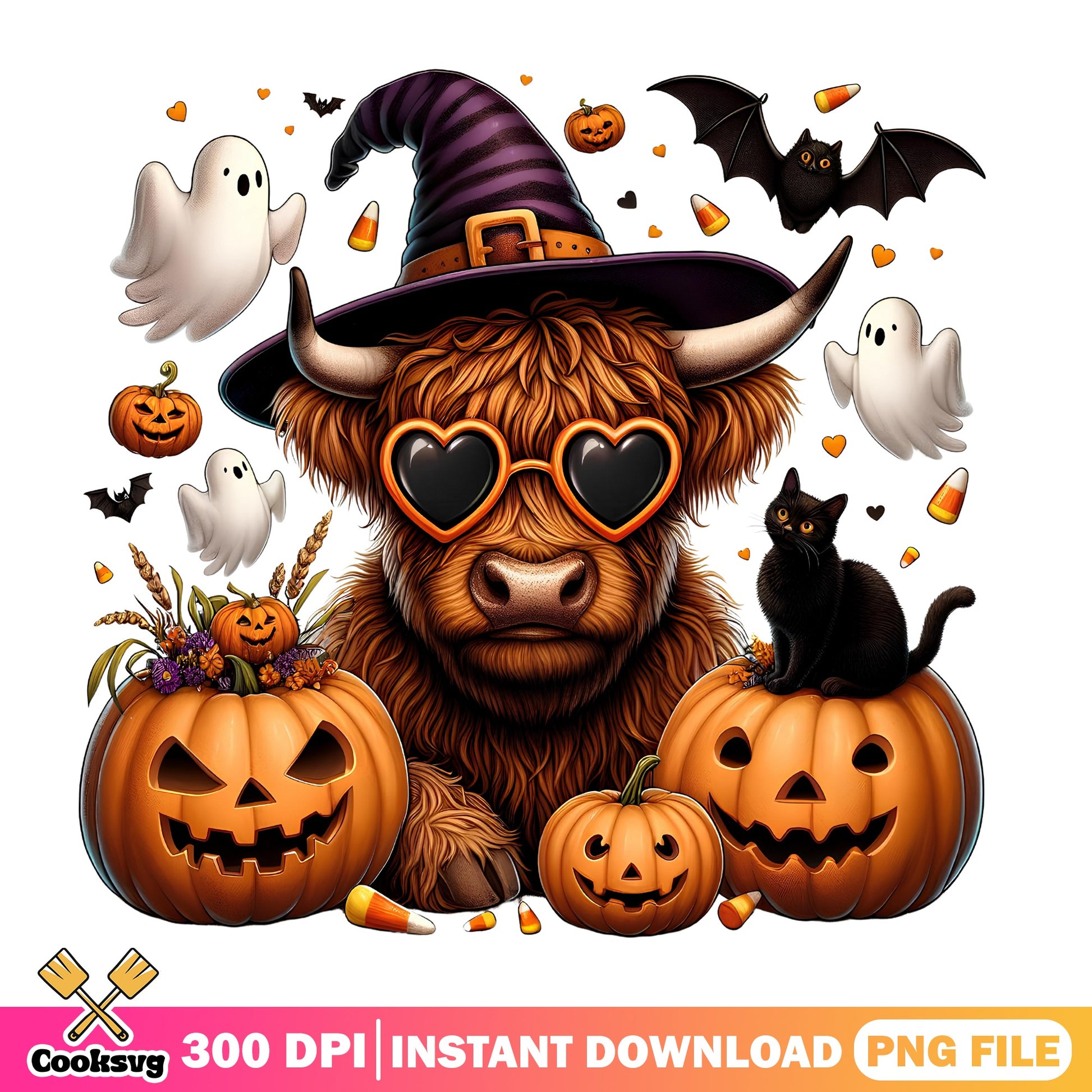 Halloween Highland Cow PNG, Witch Hat Pumpkin PNG, Spooky Fall PNG