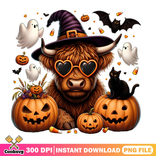 Halloween Highland Cow PNG, Witch Hat Pumpkin PNG, Spooky Fall PNG