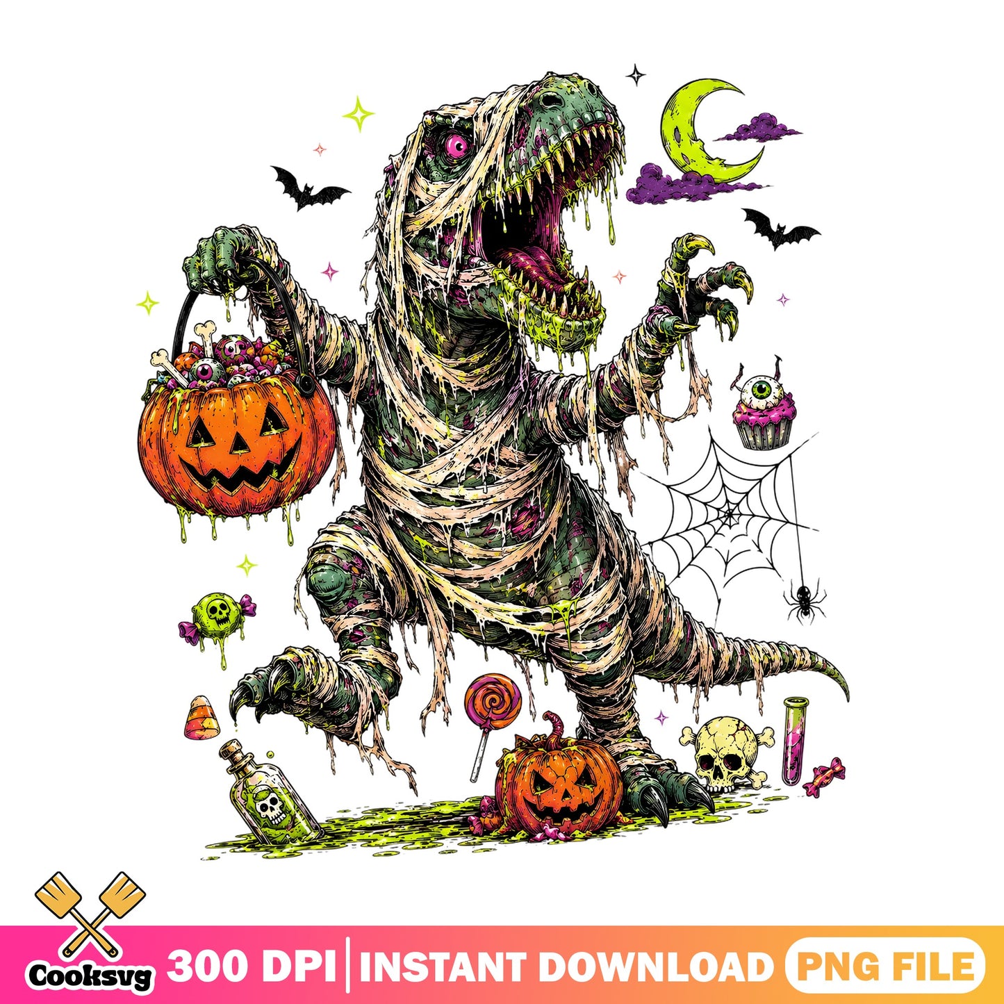Halloween Mummy T-Rex Dinosaur PNG, Trick Or Treat PNG, Spooky PNG