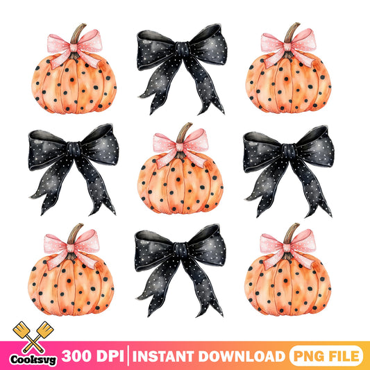 Halloween Pumpkin Bow Clipart Bundle, Coquette Halloween PNG, Fall PNG