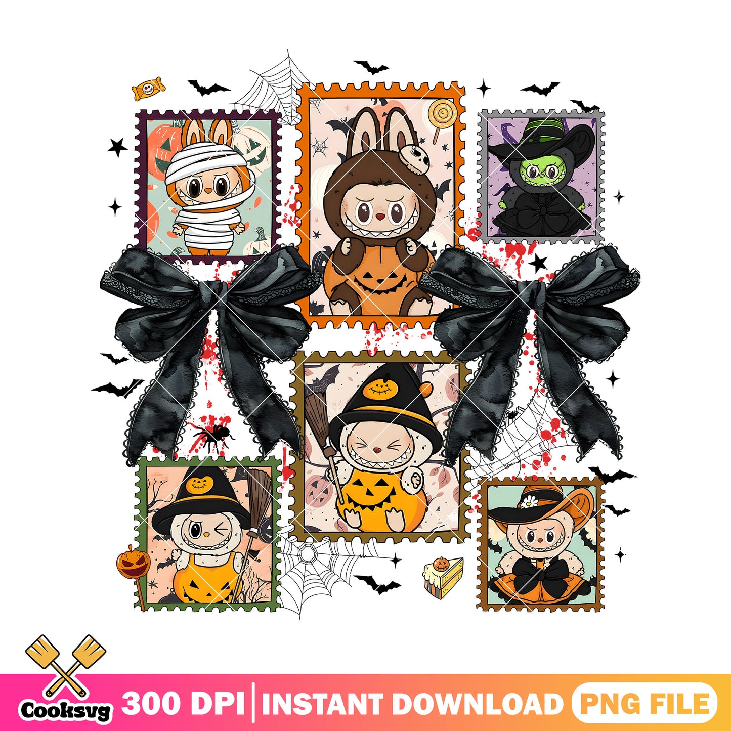 Halloween horror stamps png, labubu stamps png, horror labubu png