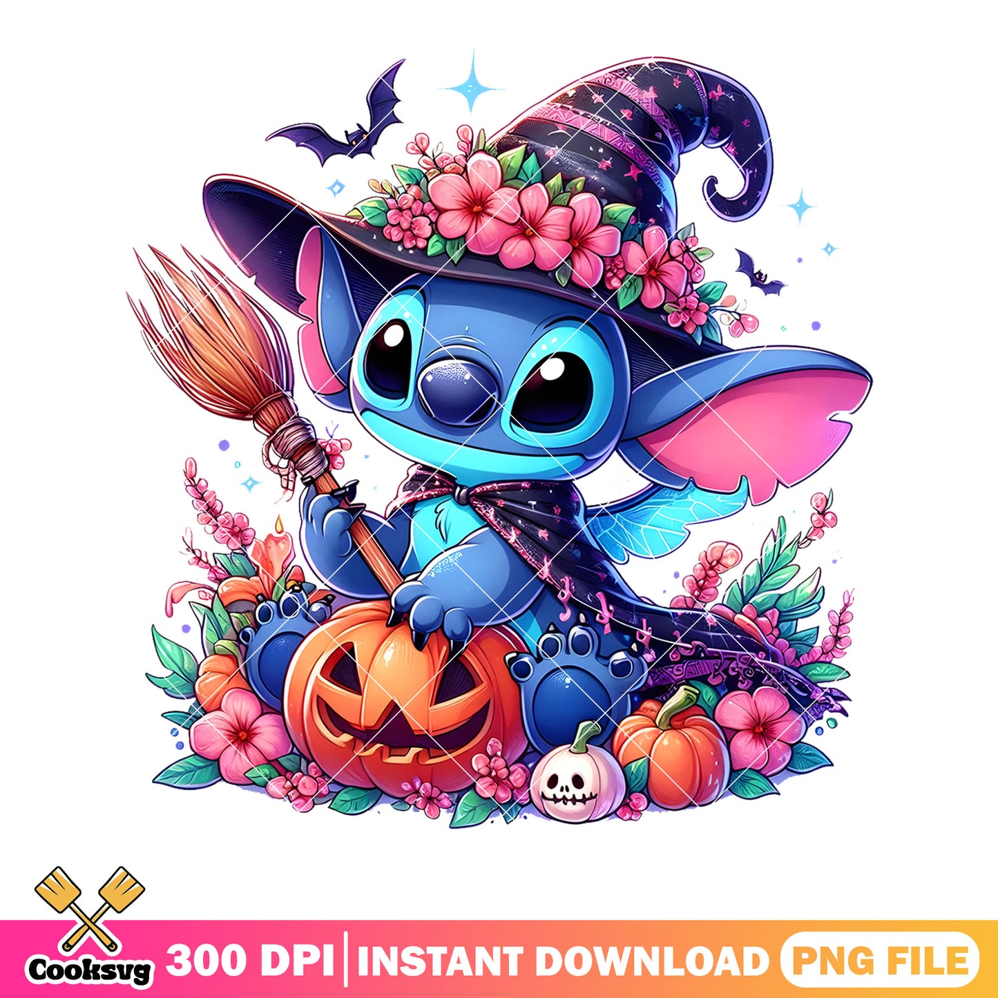 Halloween stich​ cute png, halloween disney png, witch with broom png