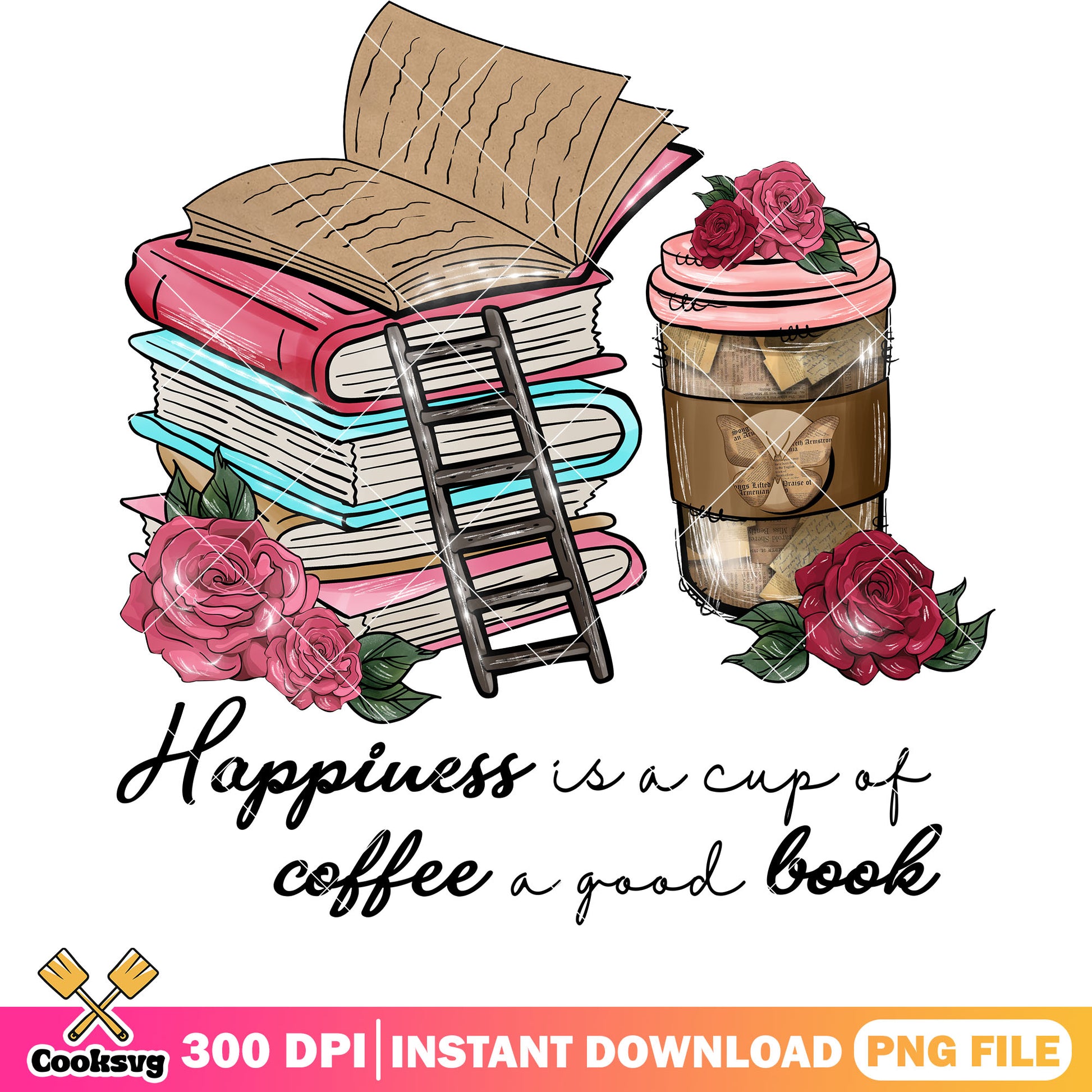 Happiness is a cup of coffee a good book png, coffee valentine png