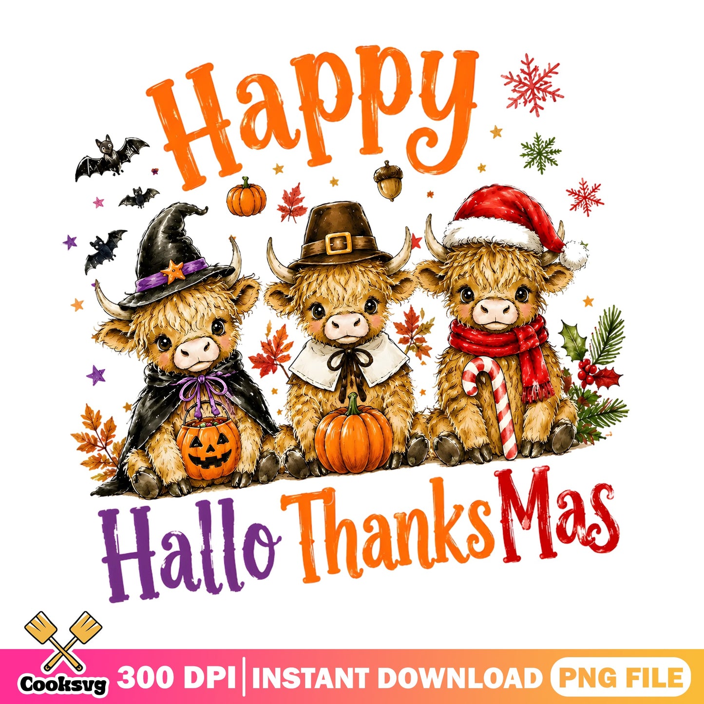Happy Hallothanksmas Highland Cow PNG, Funny Cow PNG, Holiday PNG