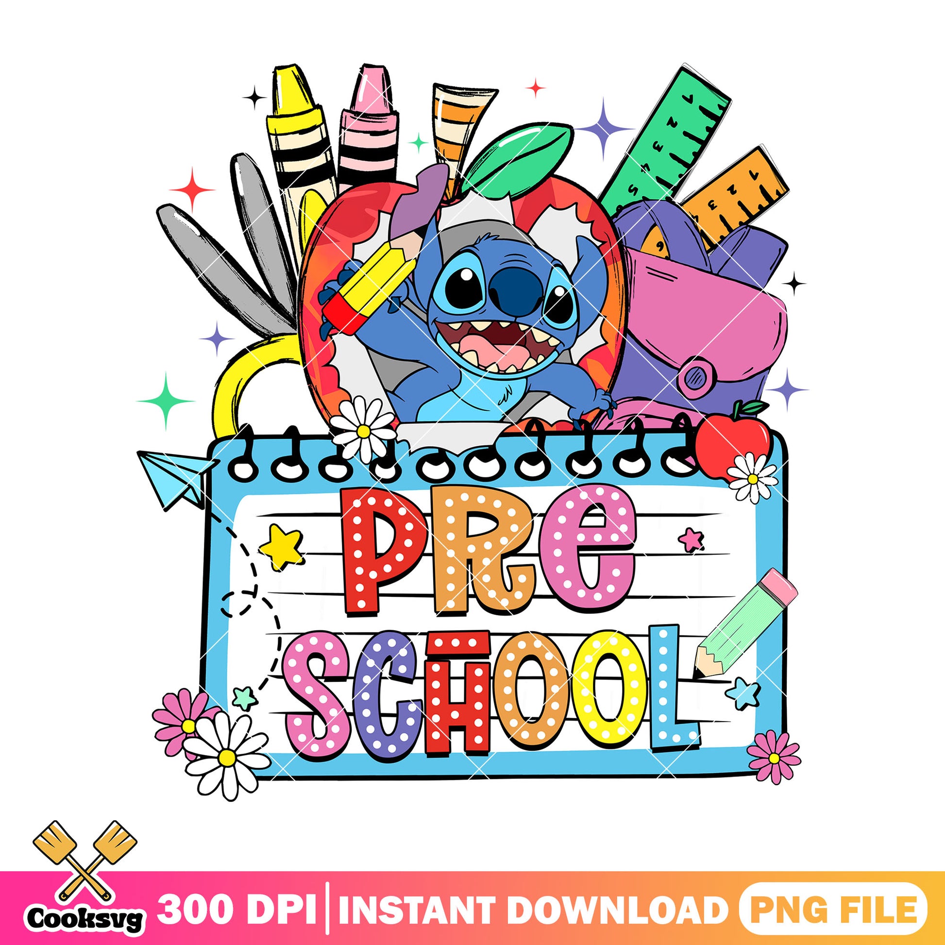 Happy pre school stitch png, love stitch png, go back to school png