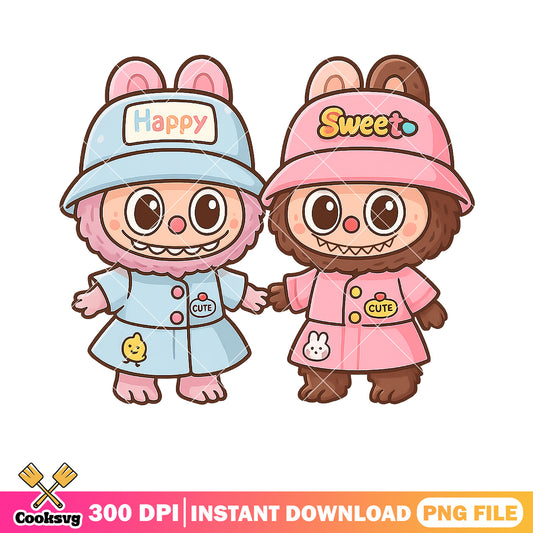 Happy sweet labubu duo png, labubu friends png, labubu couple png
