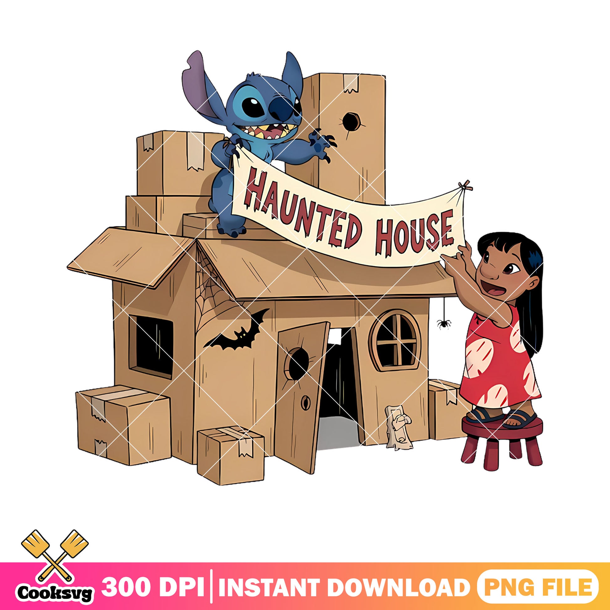 Haunted house png, lilo and stitch png, happy halloween png
