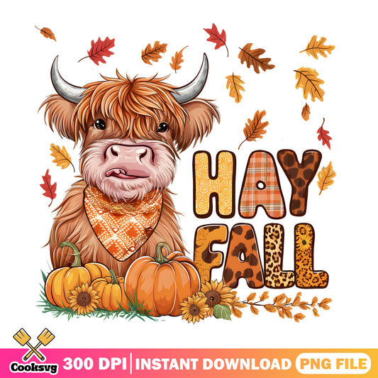 Hay Fall Highland Cow PNG, Fall Pumpkin Cow PNG, Autumn PNG