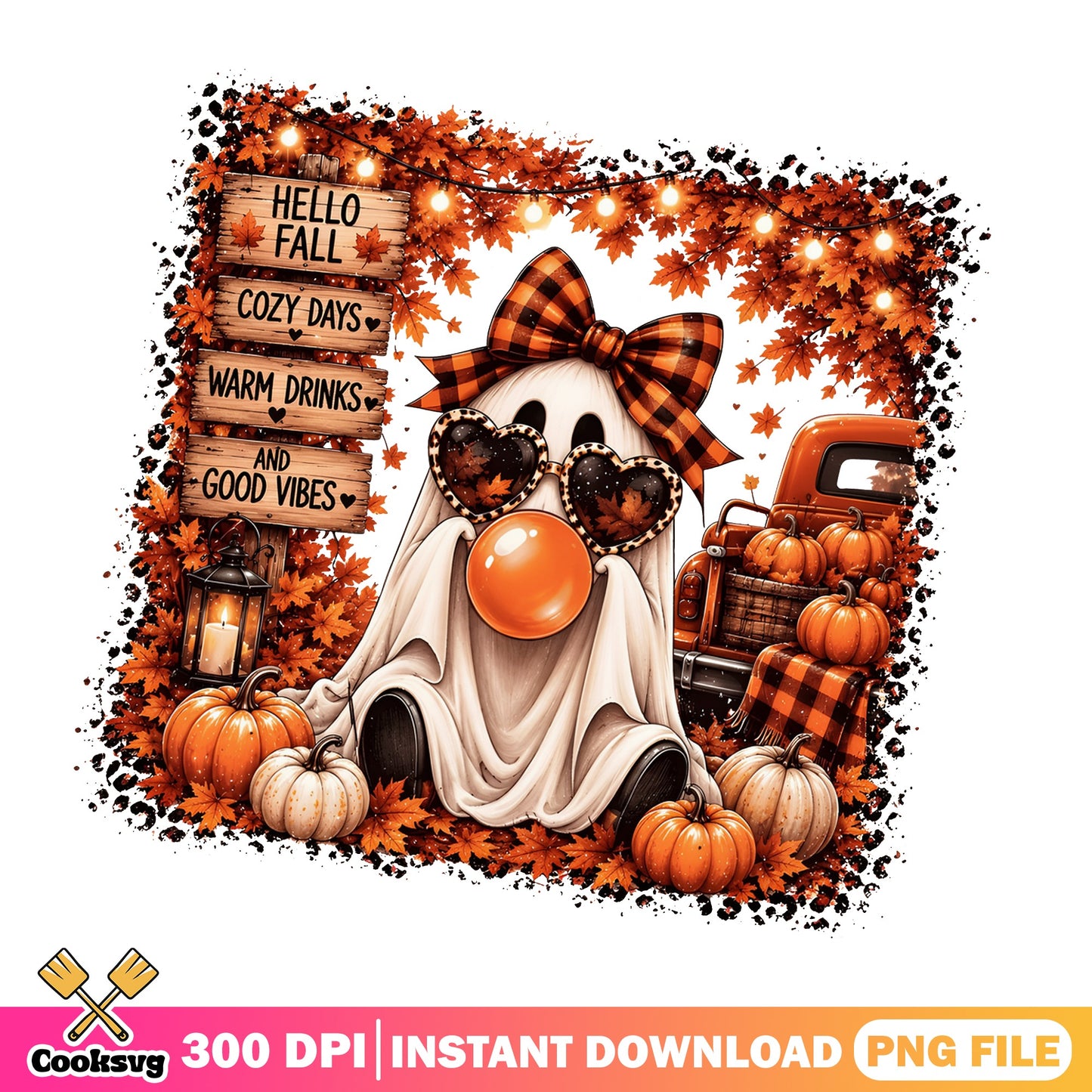 Hello Fall Ghost PNG, Cute Ghost Halloween PNG, Fall Vibes PNG