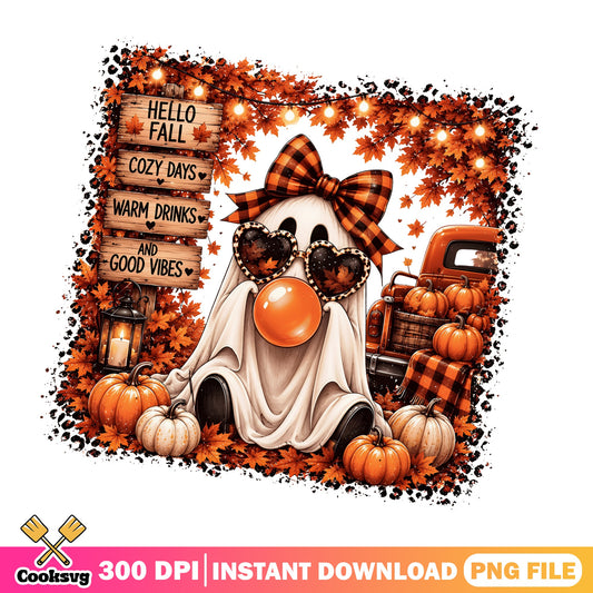 Hello Fall Ghost PNG, Cute Ghost Halloween PNG, Fall Vibes PNG