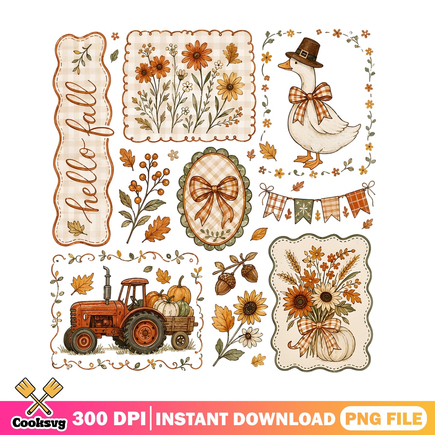 Hello Fall PNG Bundle, Autumn Farmhouse Clipart, Thanksgiving PNG