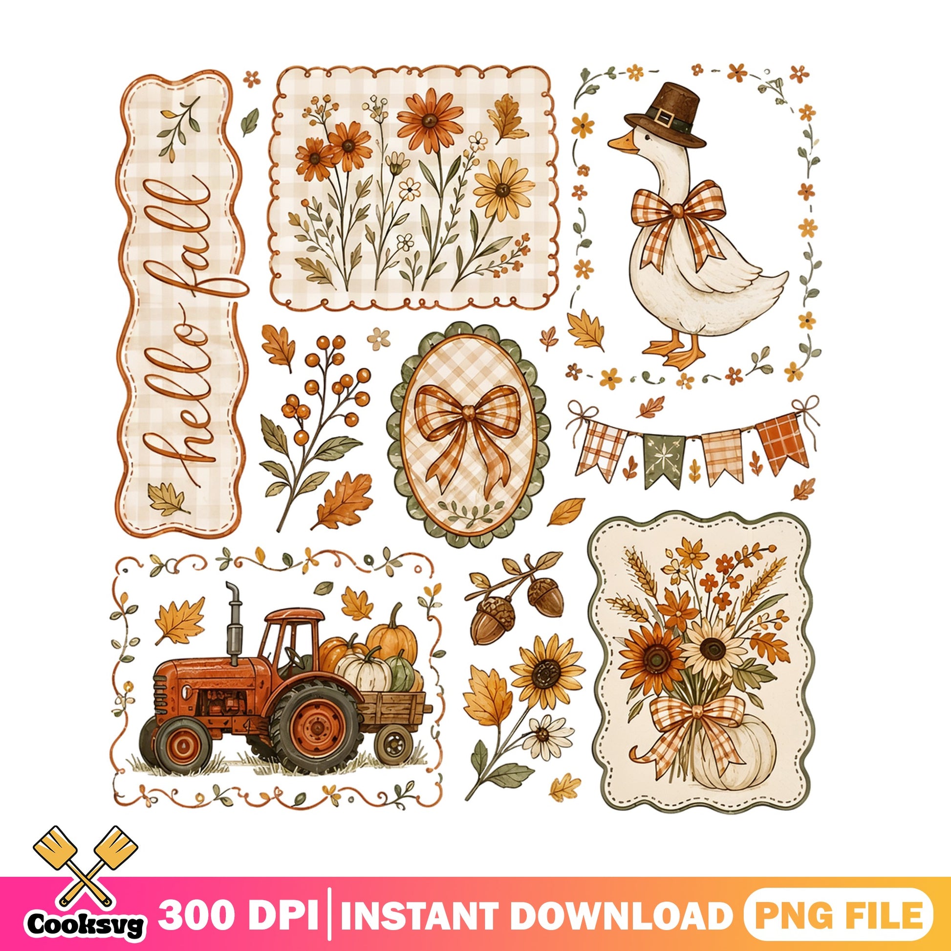 Hello Fall PNG Bundle, Autumn Farmhouse Clipart, Thanksgiving PNG