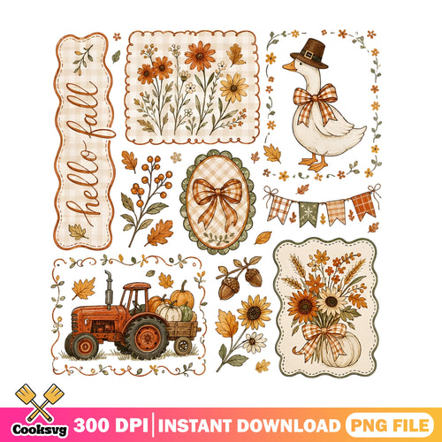 Hello Fall PNG Bundle, Autumn Farmhouse Clipart, Thanksgiving PNG