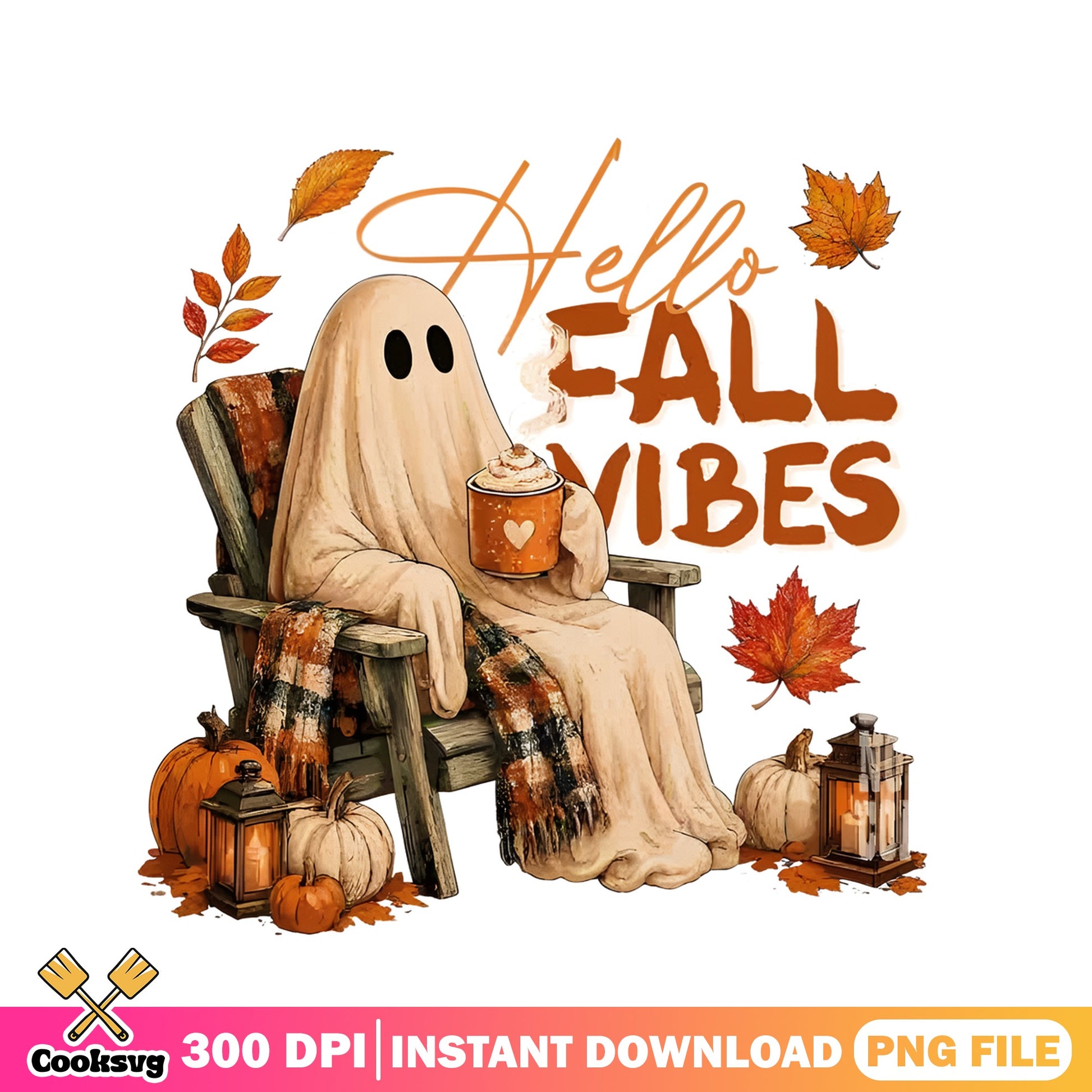 Hello Fall Vibes Ghost PNG, Cute Ghost Fall PNG, Halloween PNG