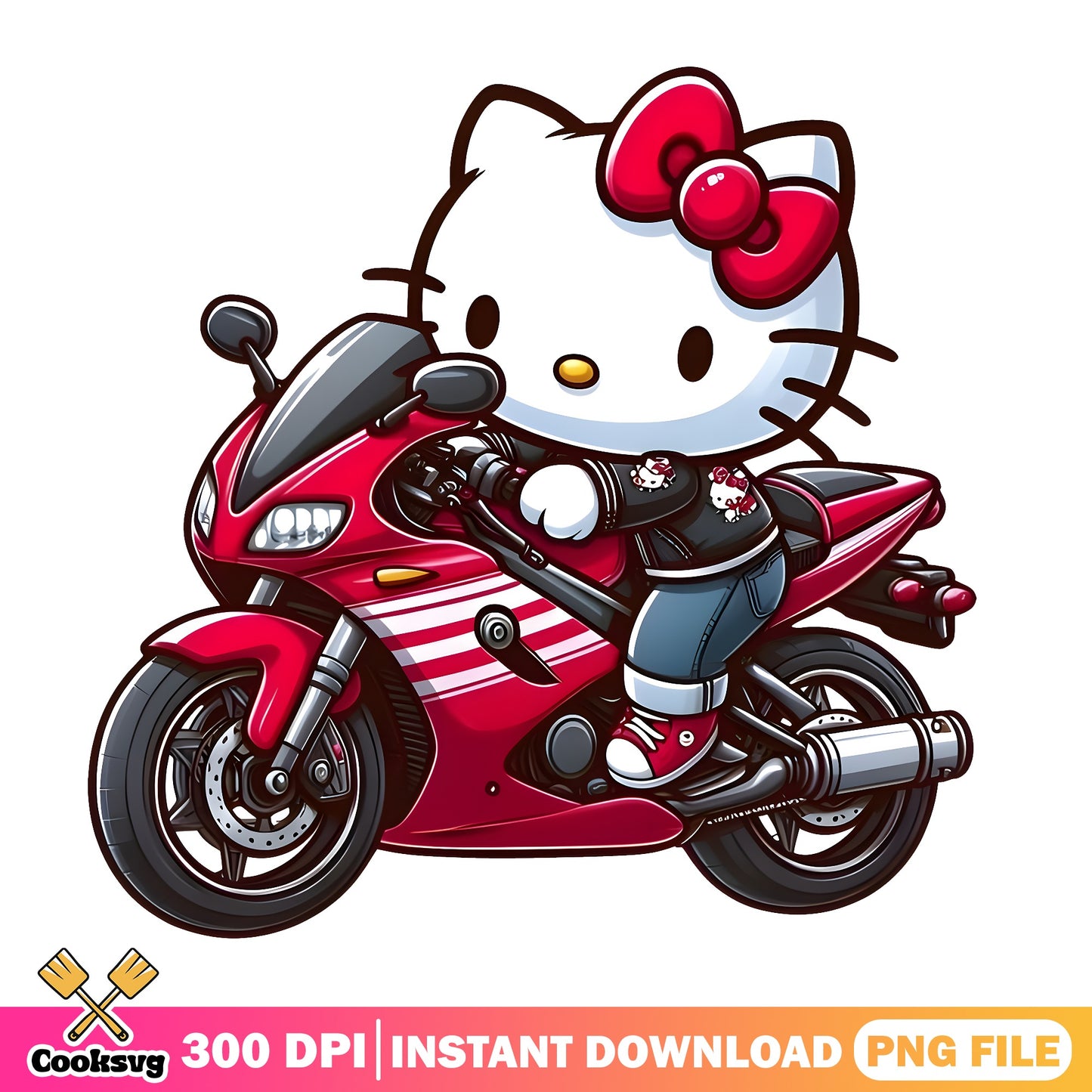 Hello Kitty Riding Motorcycle PNG, Sanrio Biker PNG, Kitty PNG