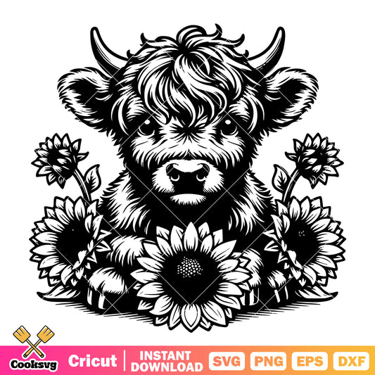 Highland Cow with Flowers svg, highland cows​ svg, highland cow baby​ svg