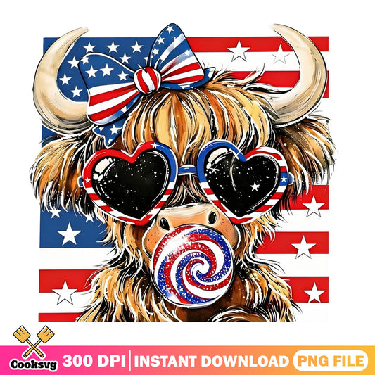Highland Cow 4th Of July PNG, Patriotic Cow PNG, American Flag PNG
