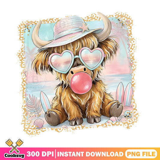 Highland Cow Summer Beach PNG, Cute Cow Bubblegum PNG, Boho PNG