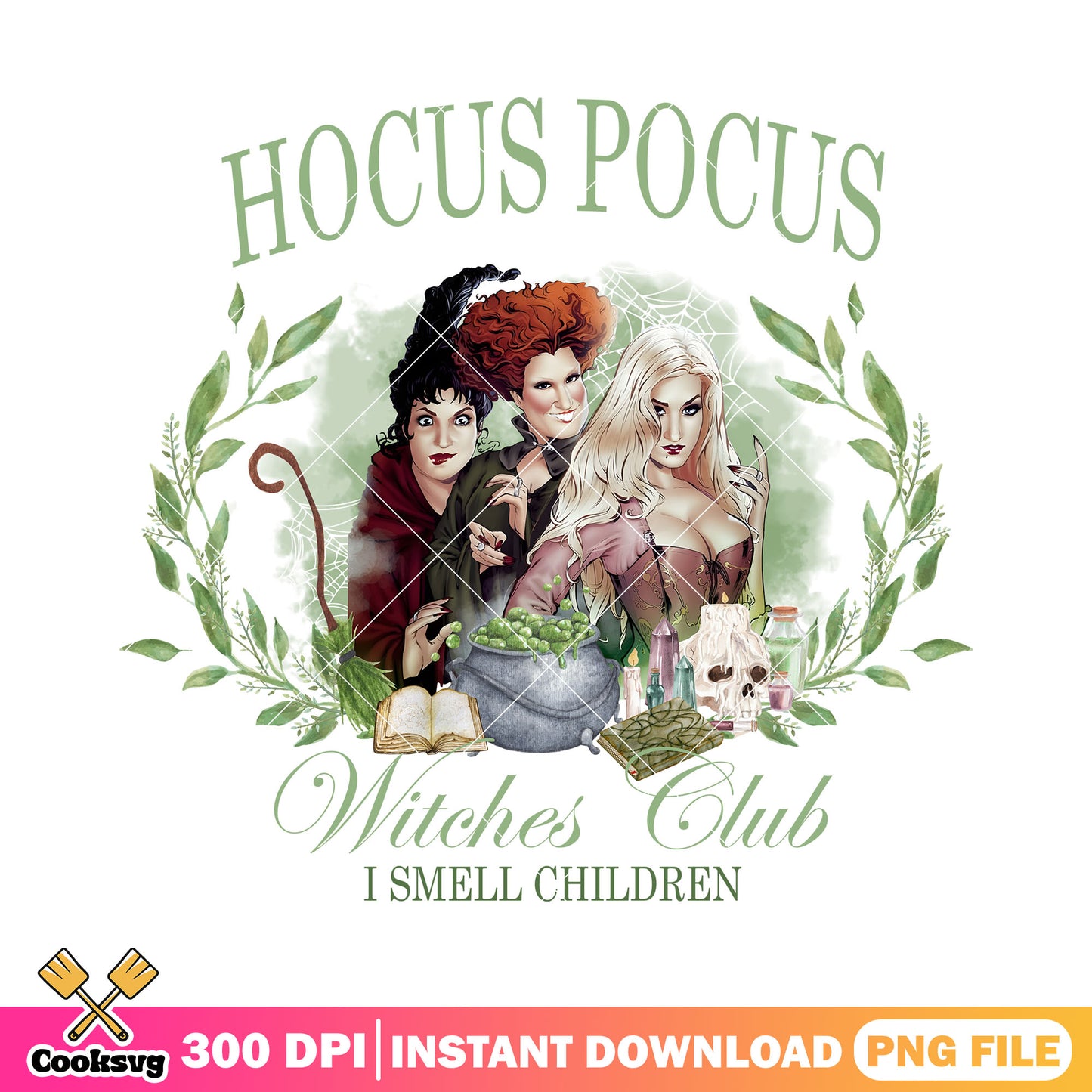Hocus pocus witches club png, halloween movie png, art deco