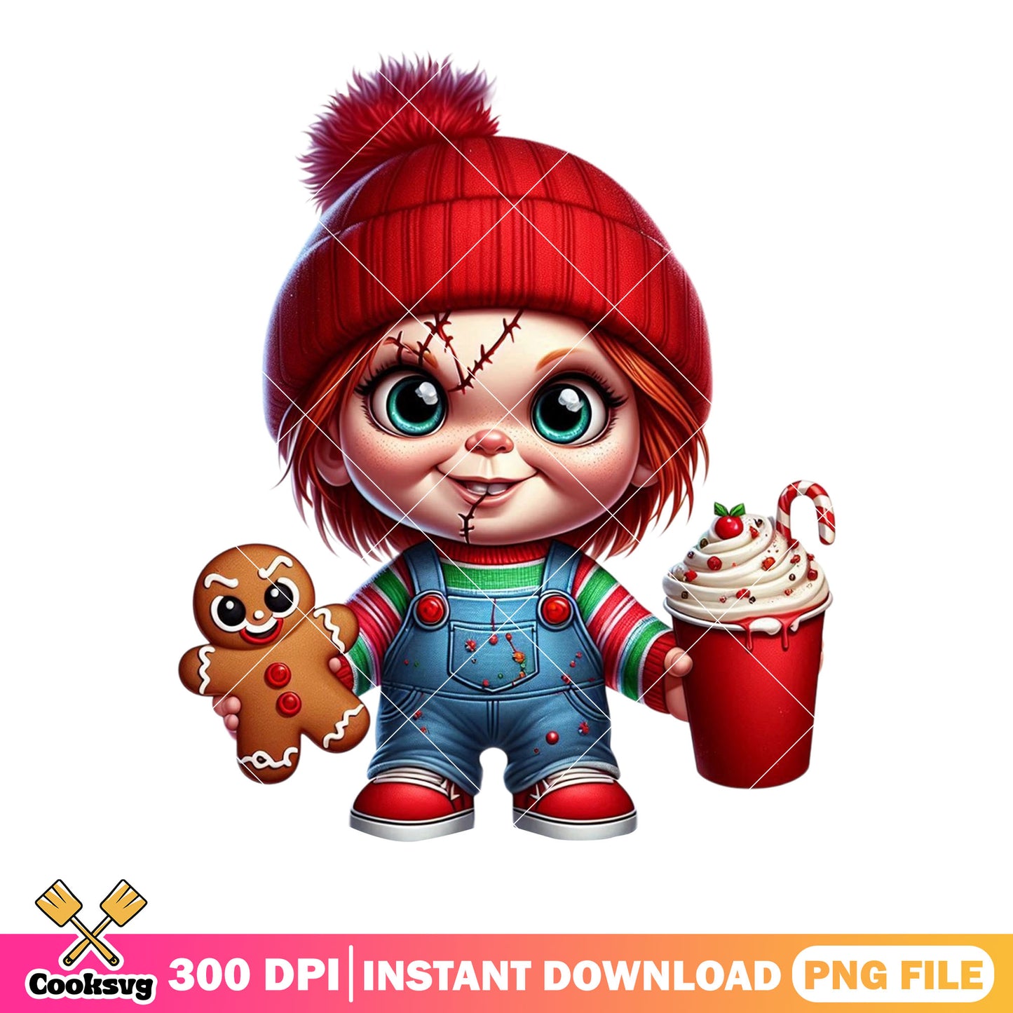 Horror Chucky doll xmas png, christmas gifts png, christmas coffee png