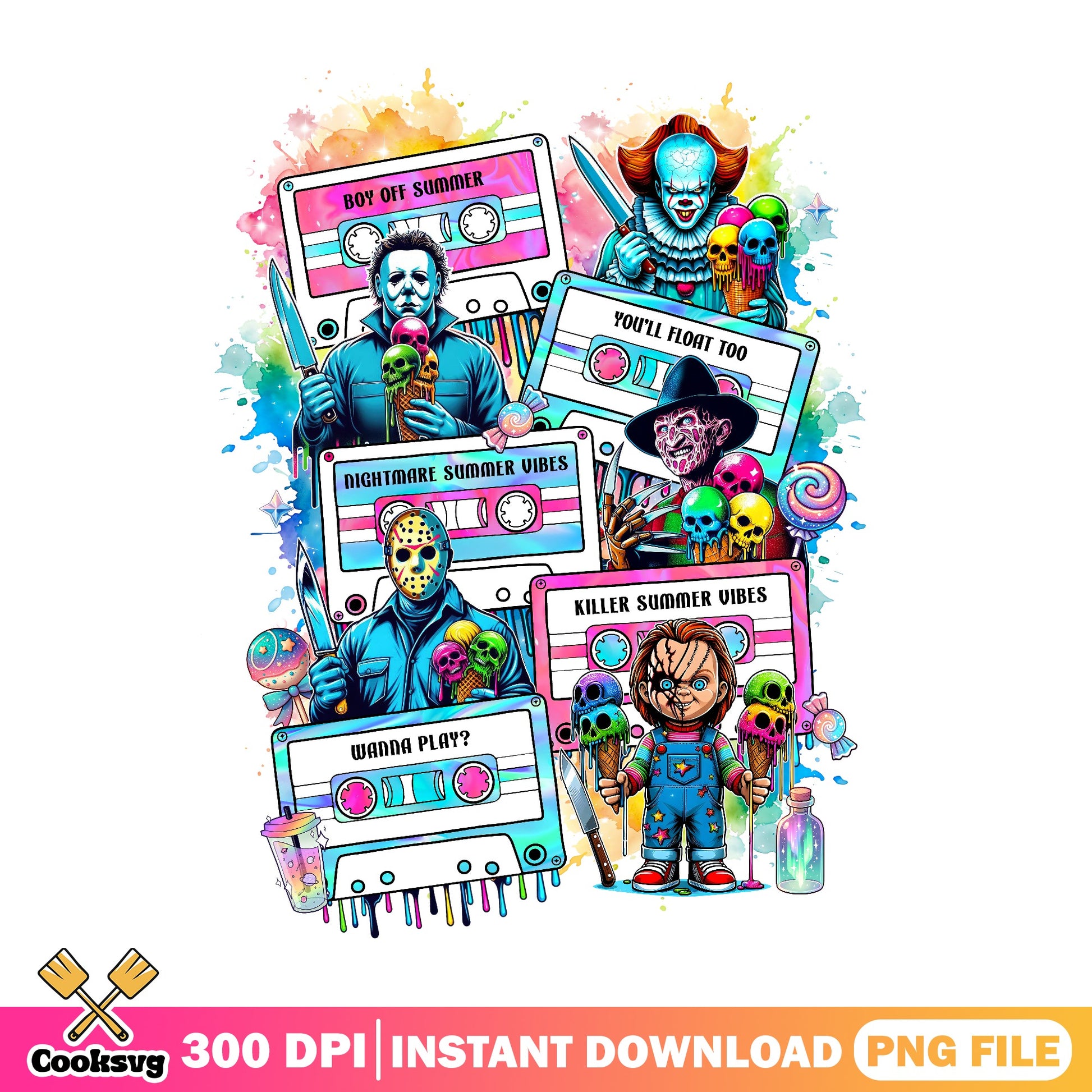 Horror Characters Cassette Tape Bundle, Killer Summer Vibes, Halloween PNG