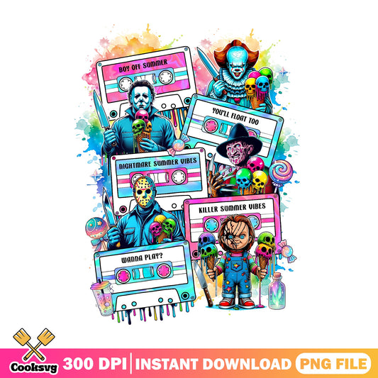 Horror Characters Cassette Tape Bundle, Killer Summer Vibes, Halloween PNG