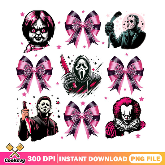 Horror Characters Pink Bow Bundle PNG, Halloween PNG, Coquette PNG