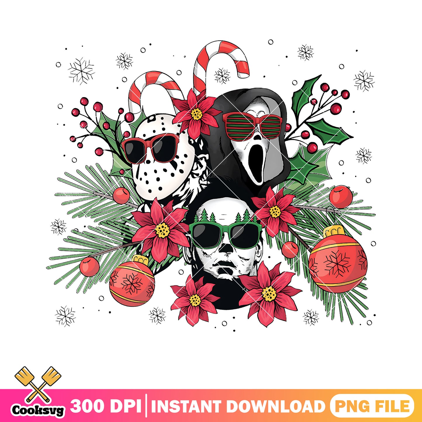 Horror movie villains png, christmas holiday party png, candy cane png