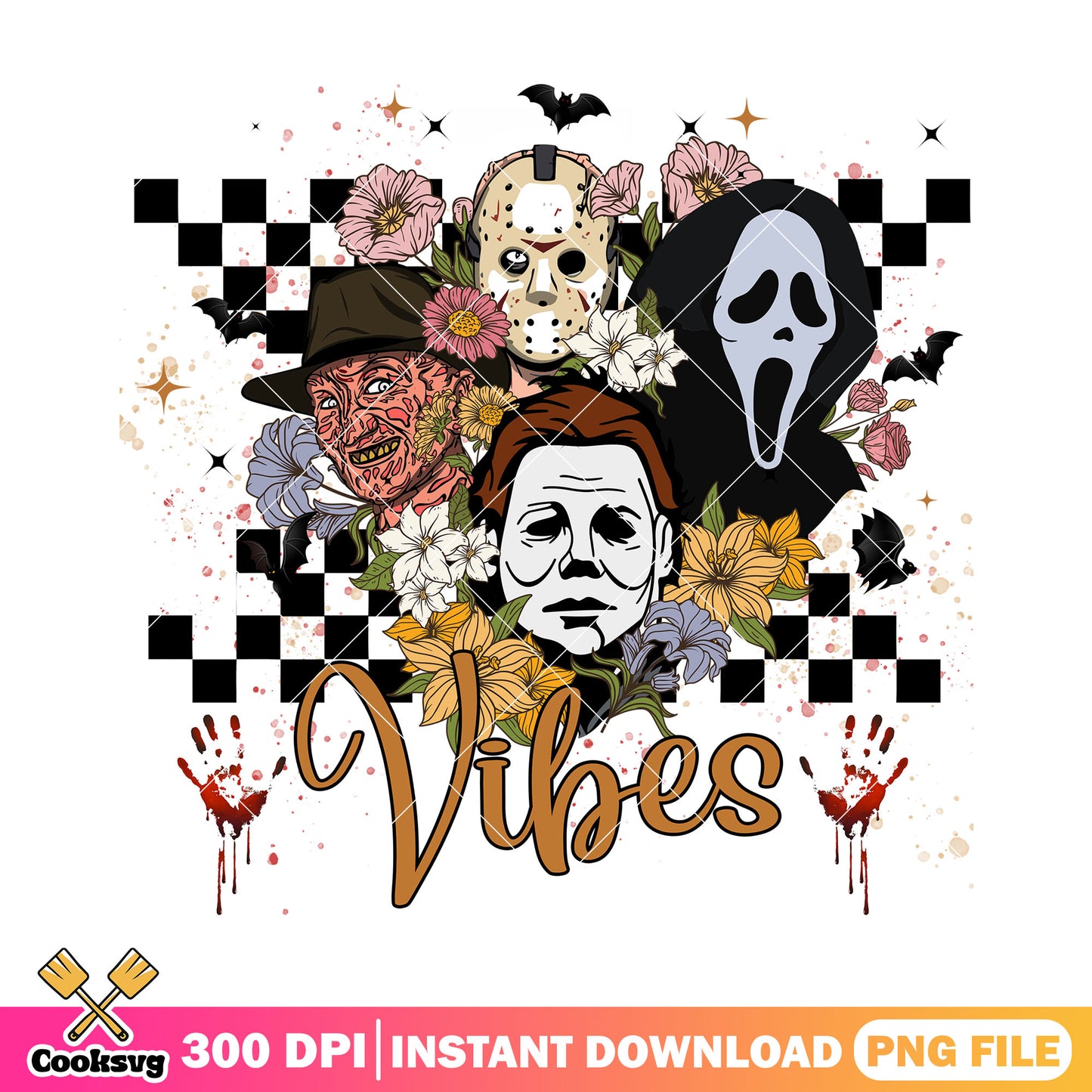 Horror vibes floral and horror characters design png, halloween vibbes png